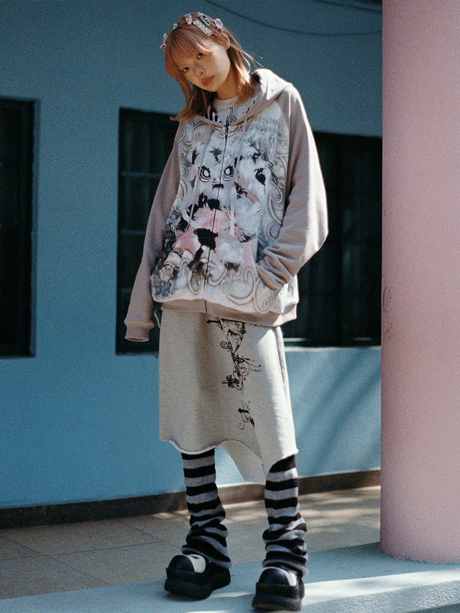 Sweat à capuche oversize à motif lapin avec fermeture éclair