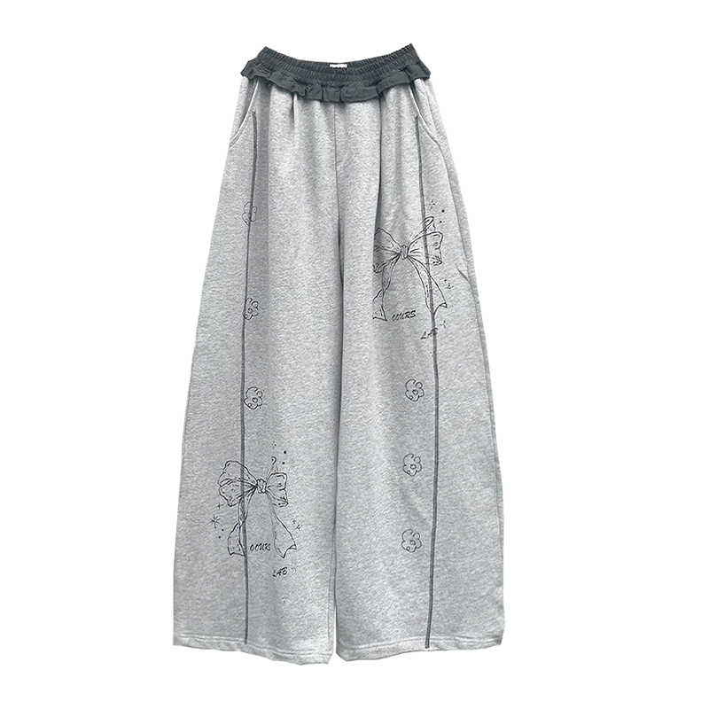 Bow Print Contrast Lace Trim Wide-Leg Sweatpants