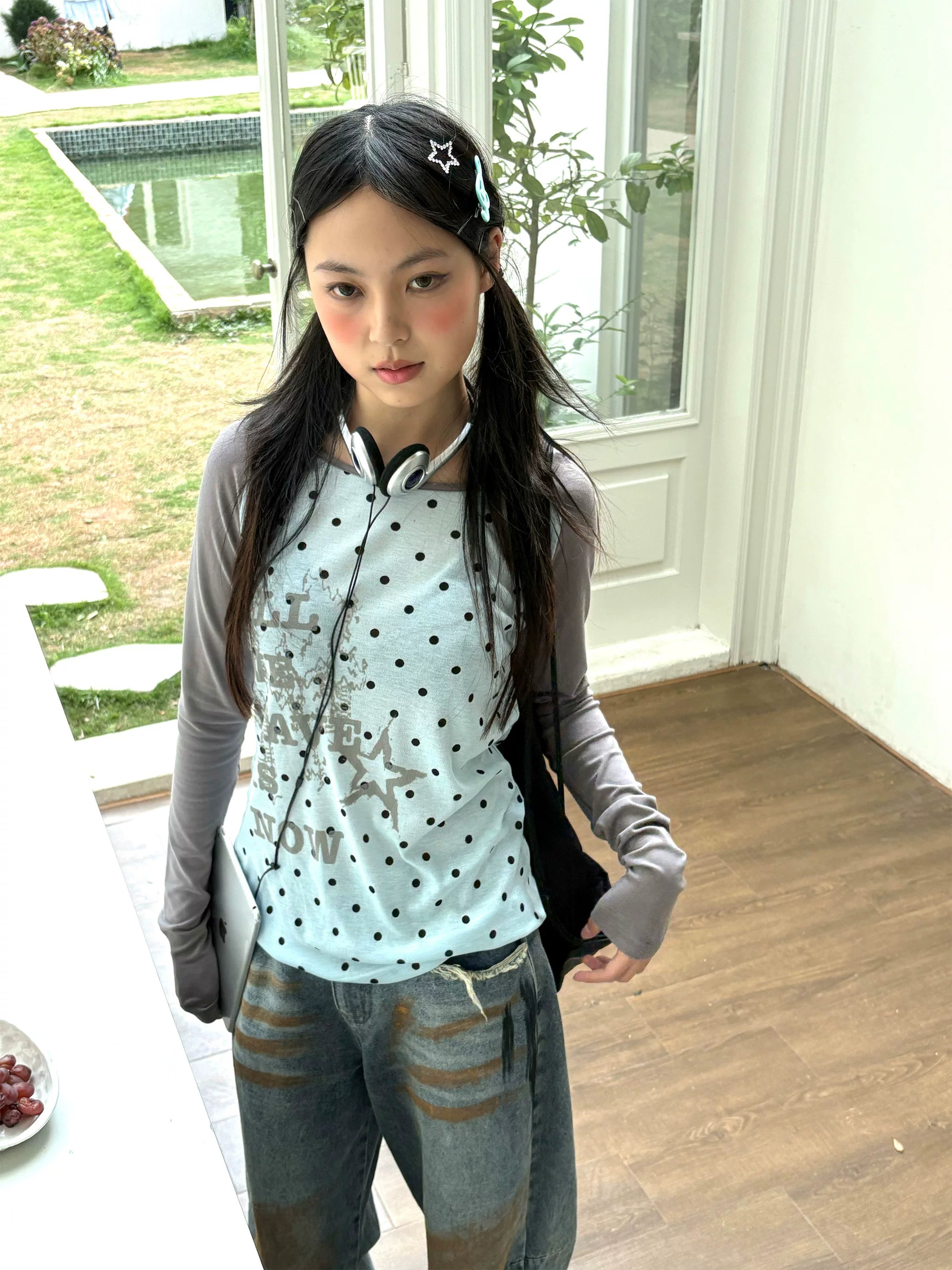 Polka Dot Letter Print Fake Layered Fitted Long Sleeve T-Shirt