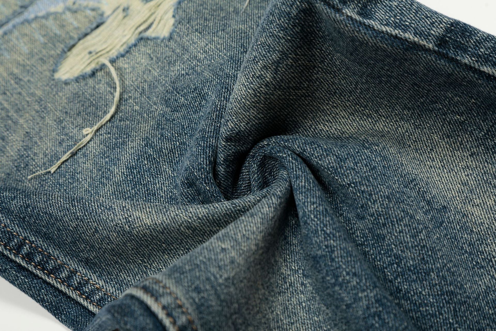 Whisker Damage Wide Leg Denim Jeans