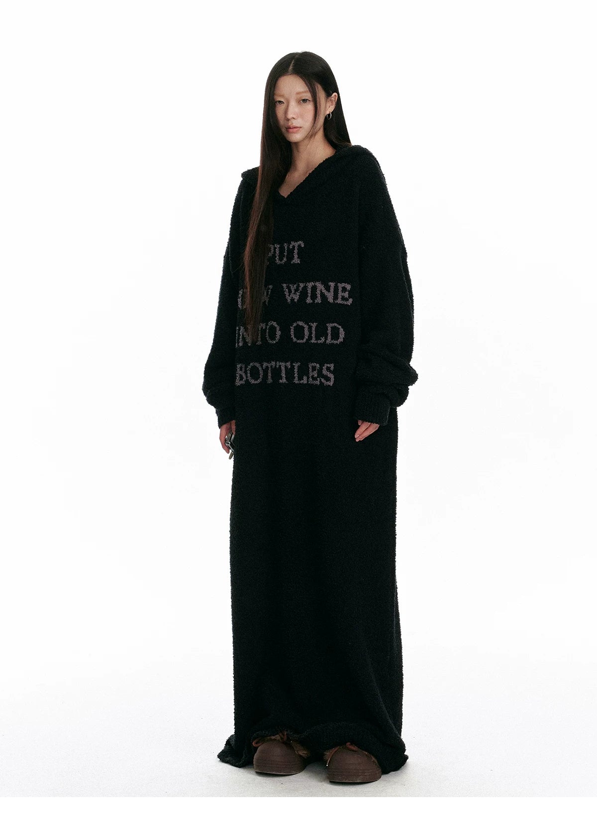 Fuzzy Hooded Knit Over-Knee Robe Dress