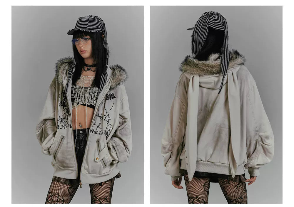 Graphic Fake Fur Hood Bunny Ear Zipper Hoodie Jacket