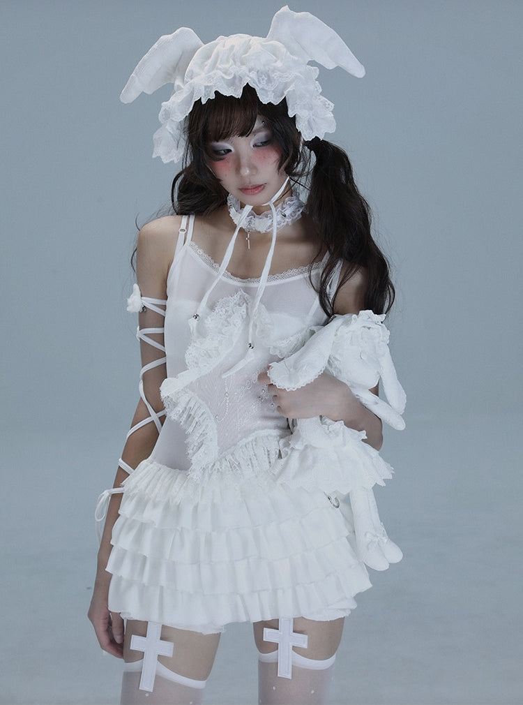 Lace Spaghetti Strap Tiered Ruffle Oversize Short Dress & Underwear Set