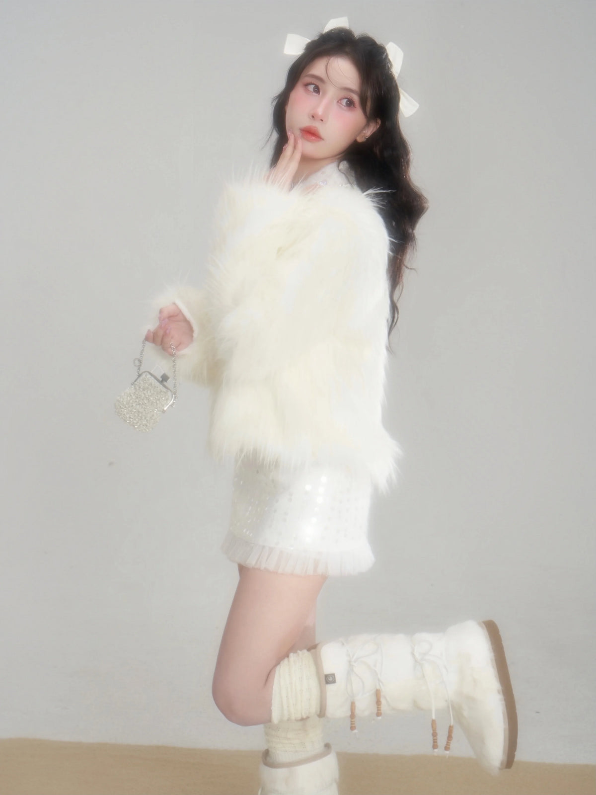 Eco Fur Warm Jacket & Short Skirt & Long Skirt Setup