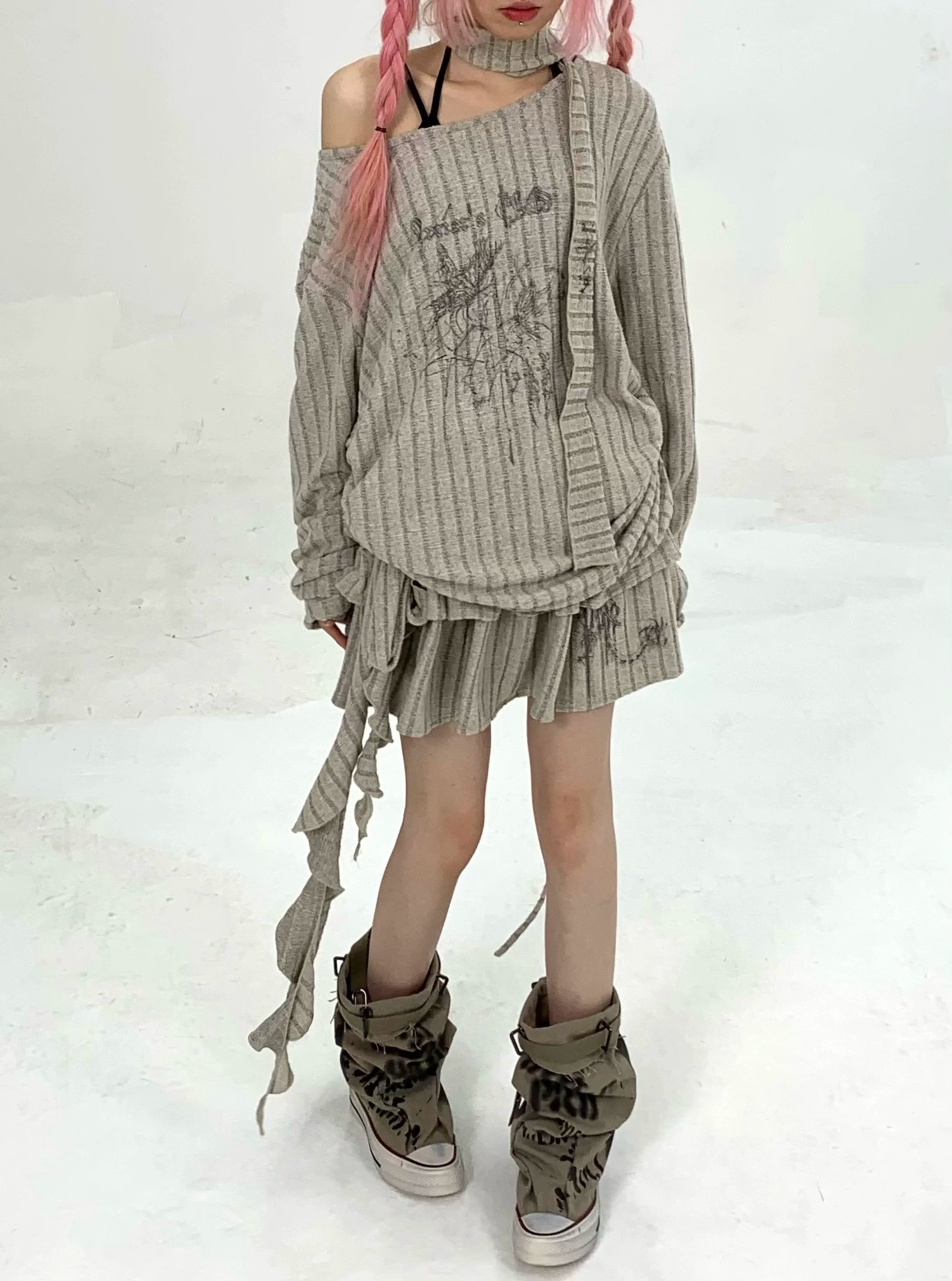 Ribbed Letter Print Strap Detail Oversize Knit Sweater