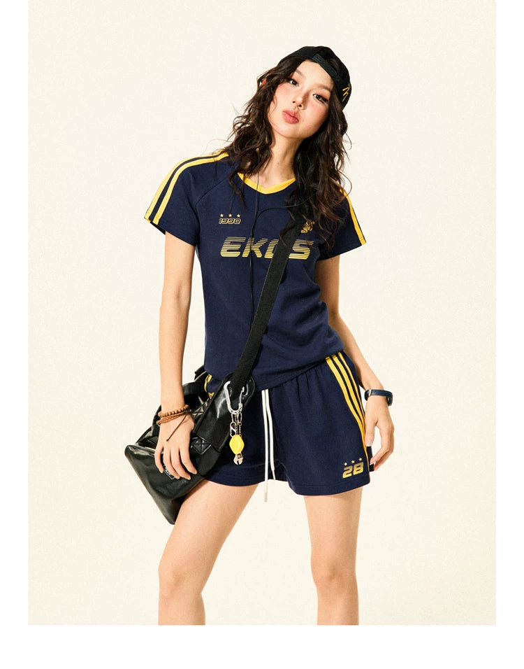 Stripe Letter Print Short Sleeve T-Shirt & Short Pants Setup