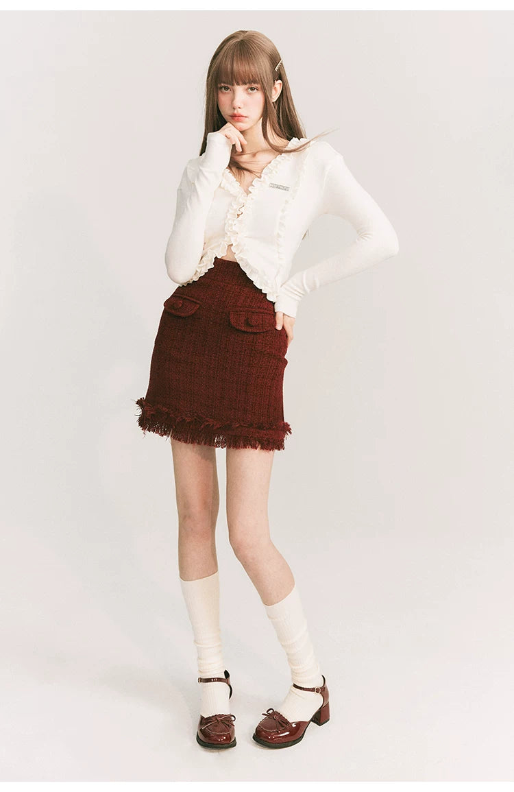 Round Collar Tweed Jacket & A-Line Tweed Skirt Setup