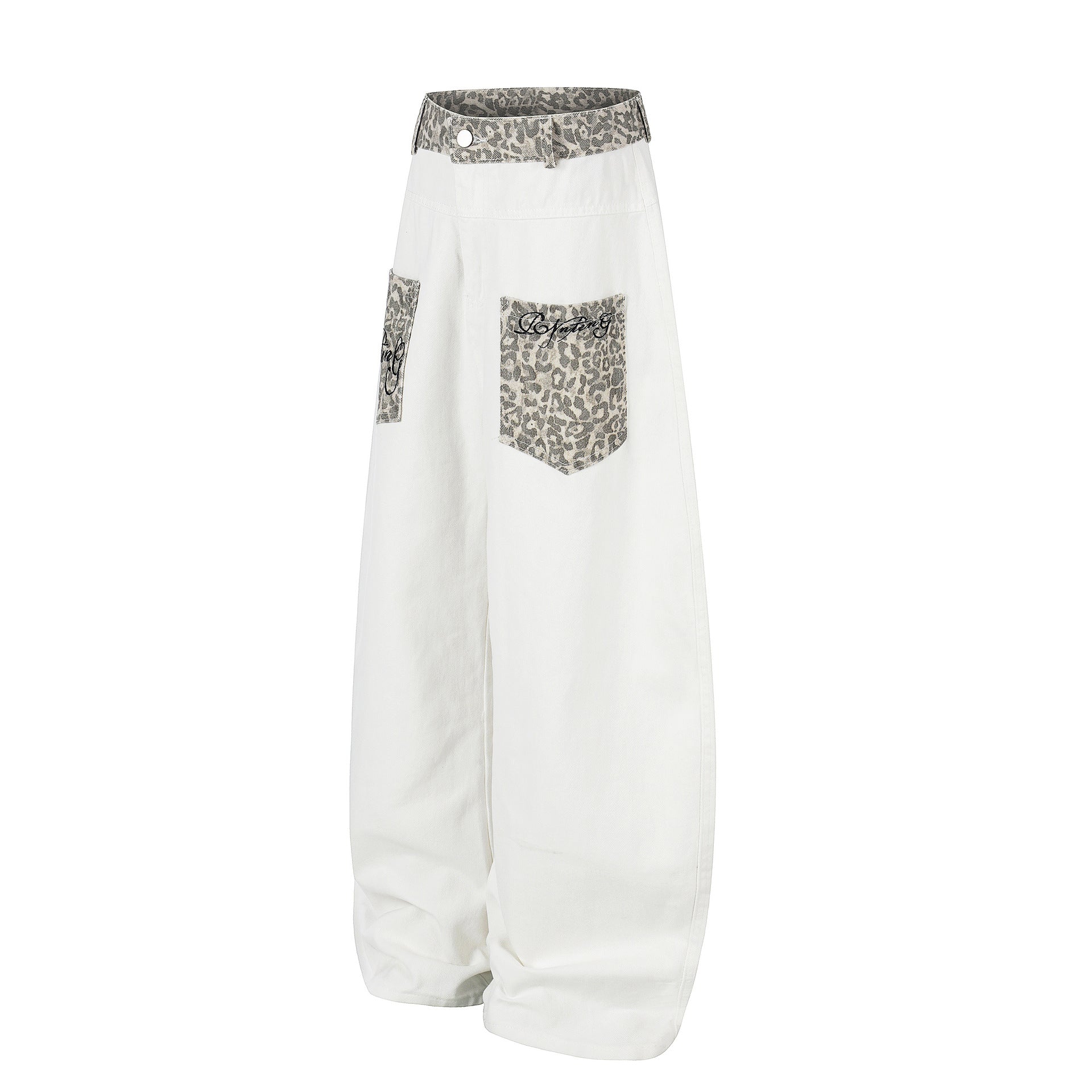 Leopard Print Curved Wide Leg Denim Jeans