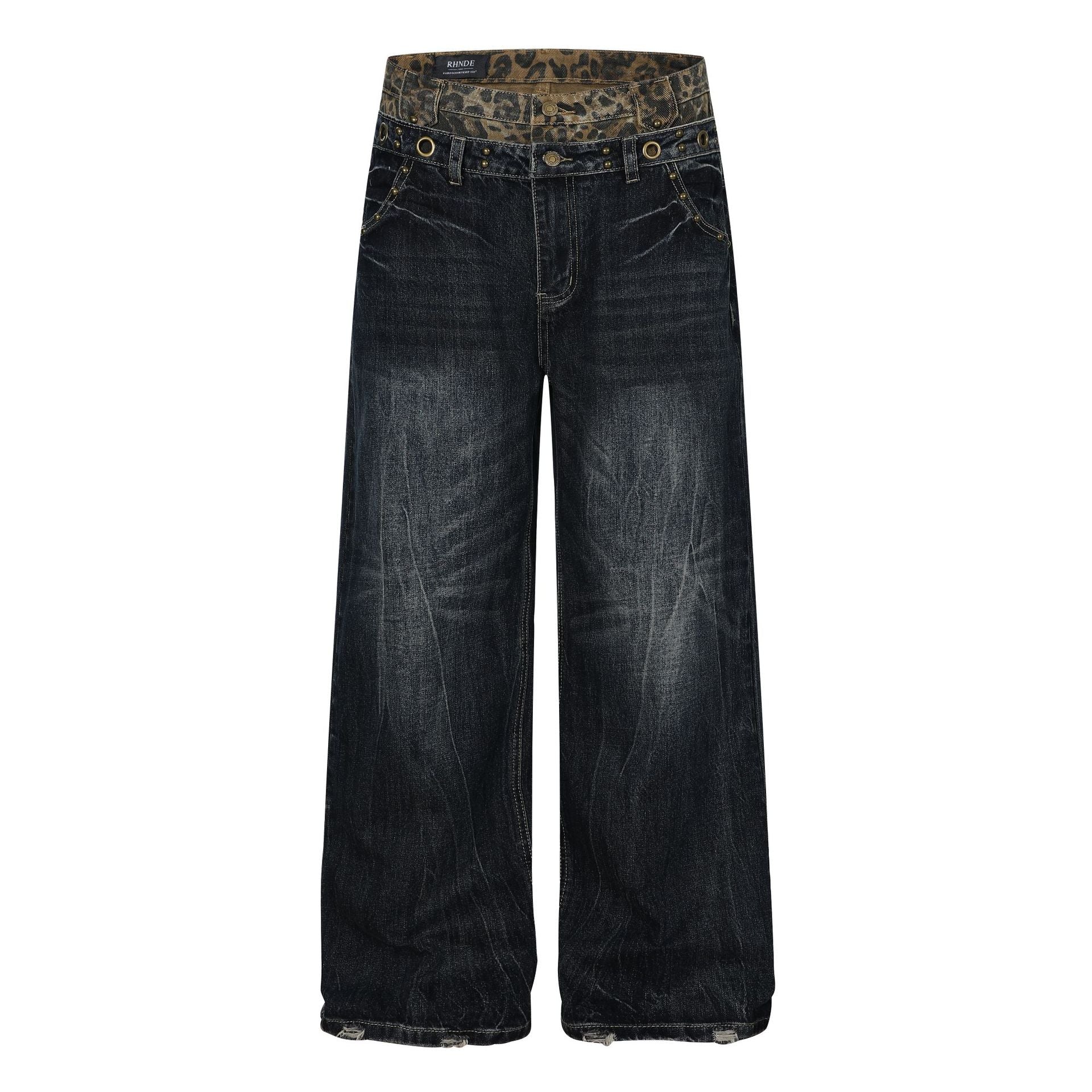 Fake Layered Leopard Print Wide Leg Denim Jeans