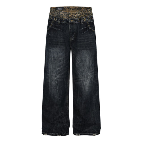 Fake Layered Leopard Print Wide Leg Denim Jeans - Navy / S