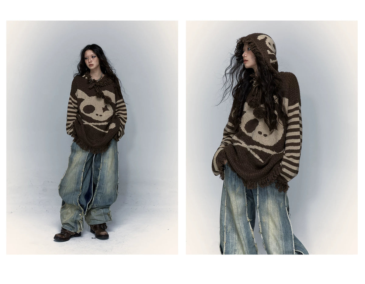 Skull Print Stripe Oversize Knit Hoodie