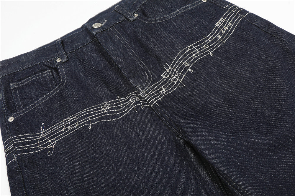 Musical Embroidery Wide-Leg Jeans