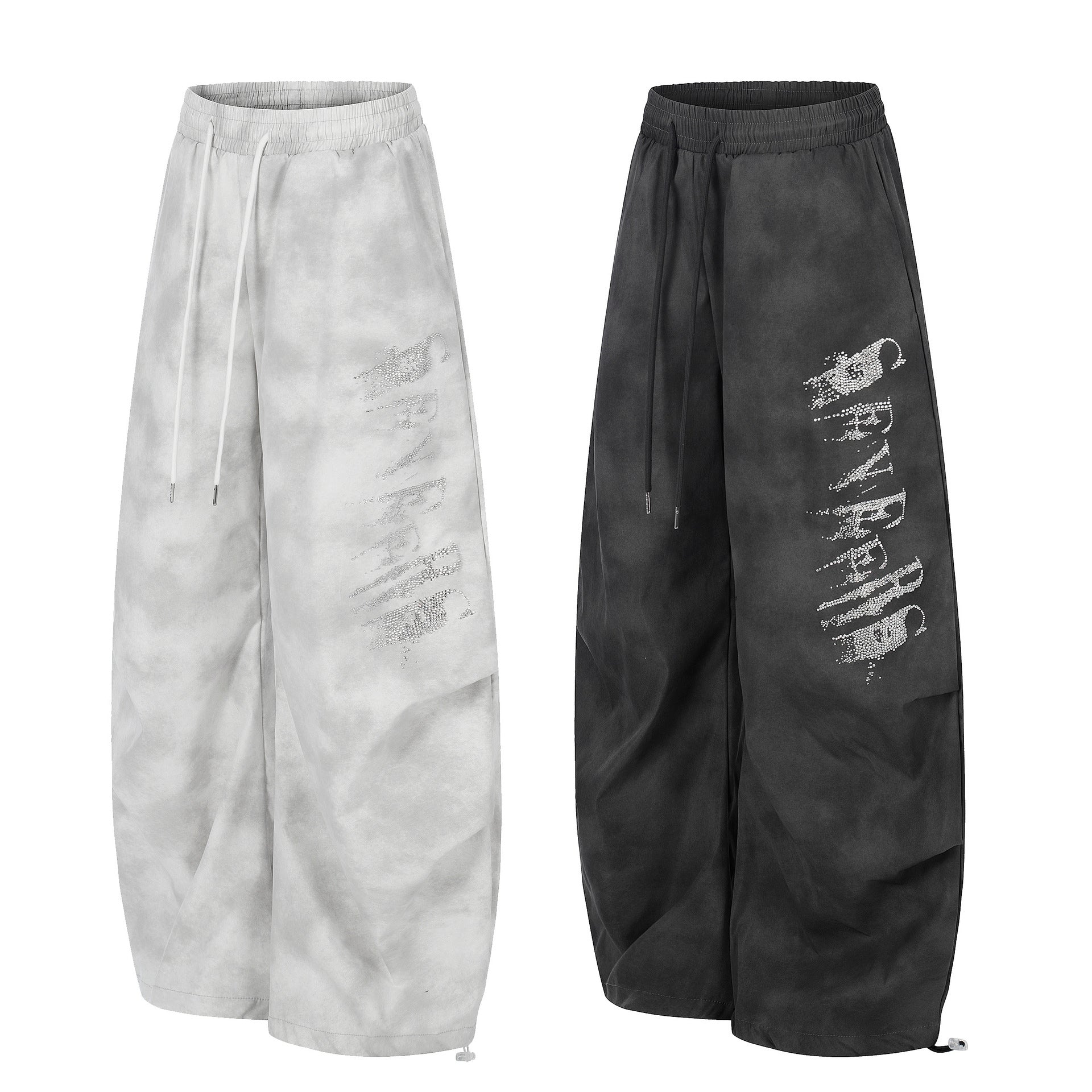 Washed Letter Print Drawstring Wide Leg Pants