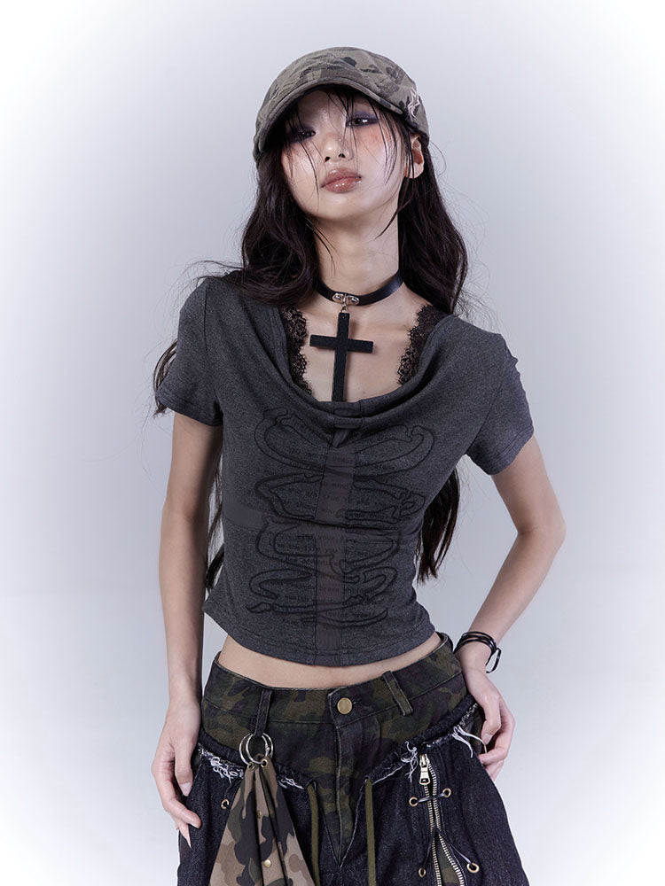 Cutout Cross Print Lace Short Sleeve T-Shirt