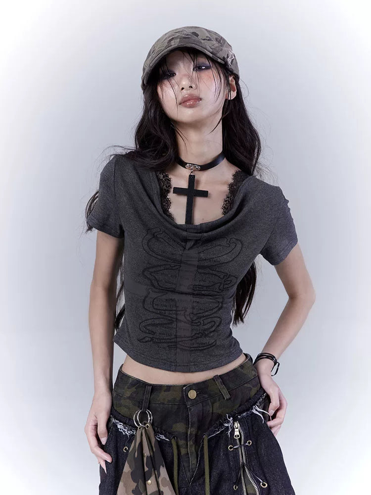 Cutout Cross Print Lace Short Sleeve T-Shirt