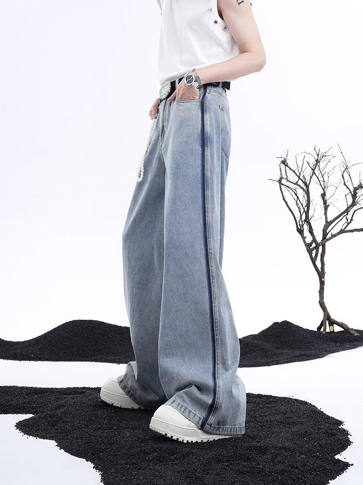 Damage Short Sleeve Denim Jacket & Wide-Leg Straight Denim Jeans Setup