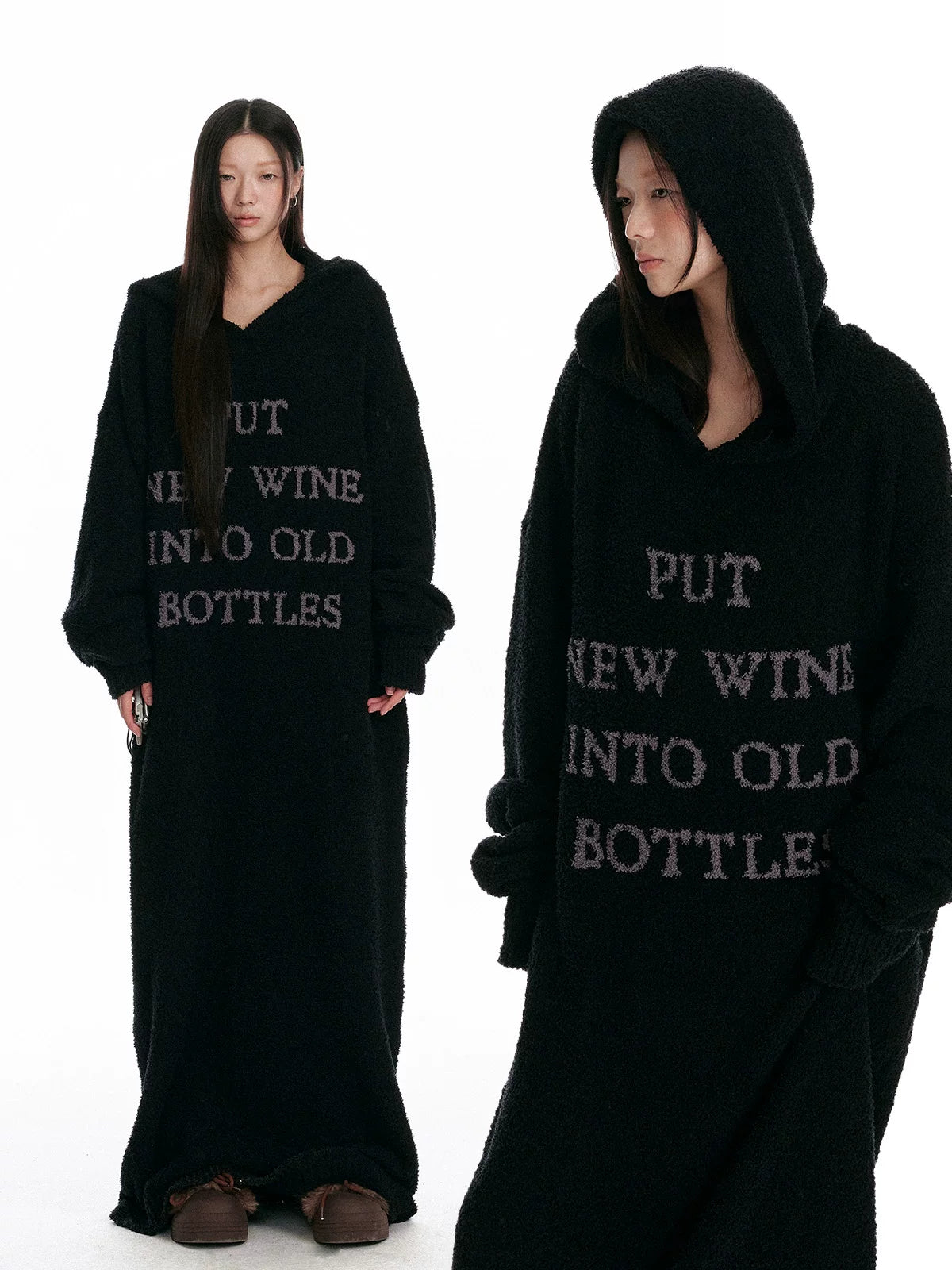 Fuzzy Hooded Knit Over-Knee Robe Dress