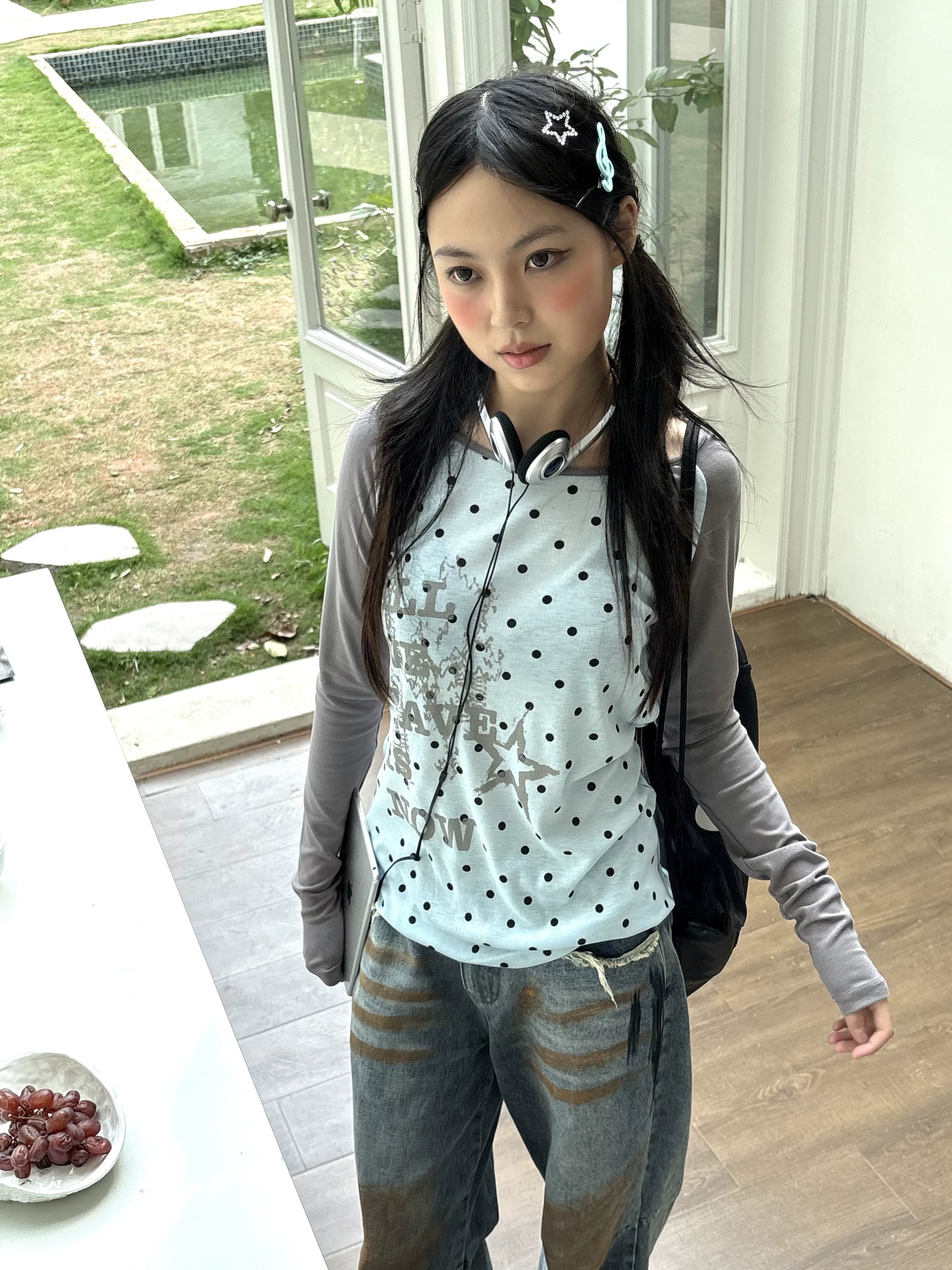 Polka Dot Letter Print Fake Layered Fitted Long Sleeve T-Shirt