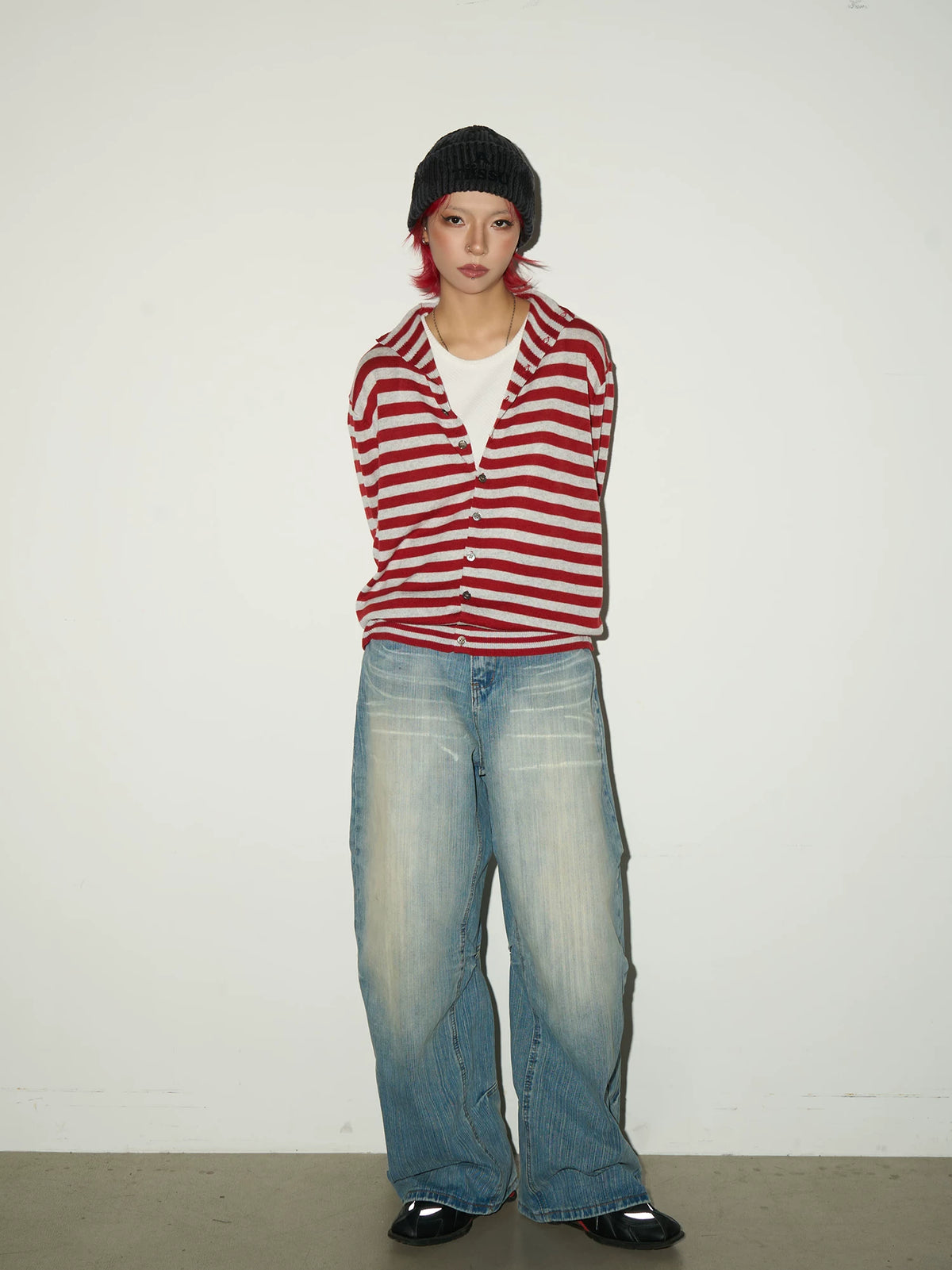 Contrast Stripe Wool Knit High-Neck Cardigan