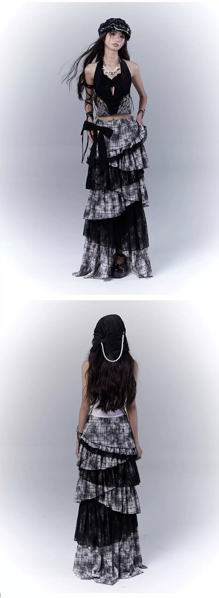 Lace Plaid Tiered Asymmetric Skirt