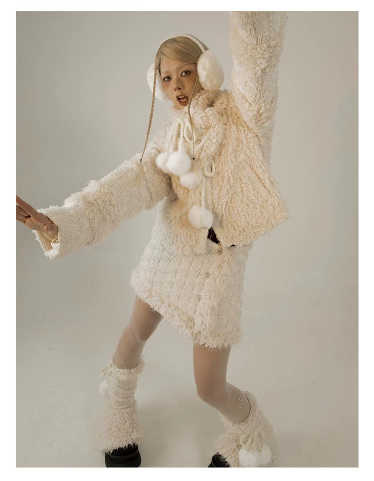 Fleece Lining Soft Fuzzy Knit Cardigan & Half Skirt Setup
