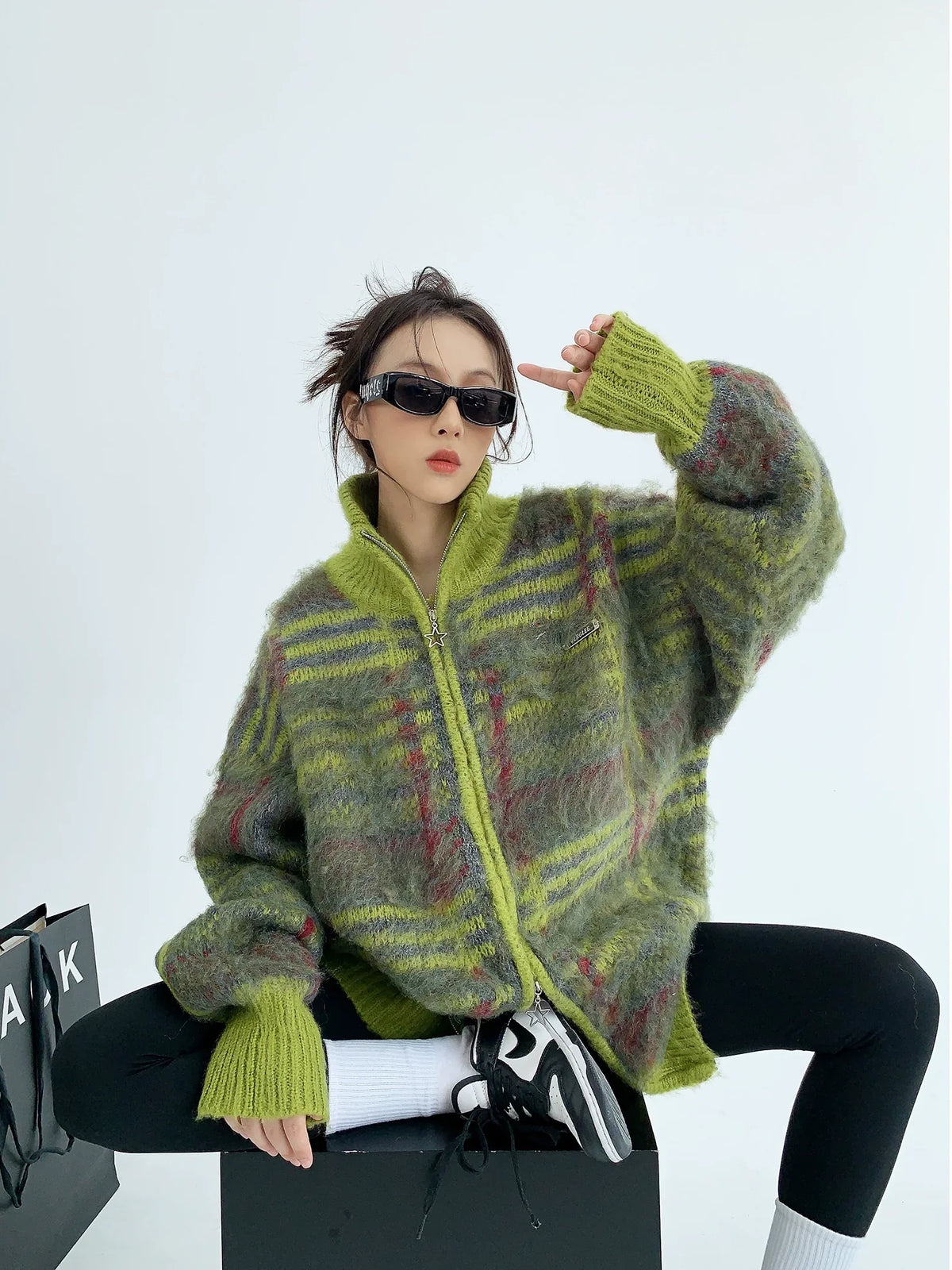 Oversized Double Zipper Knit Cardigan