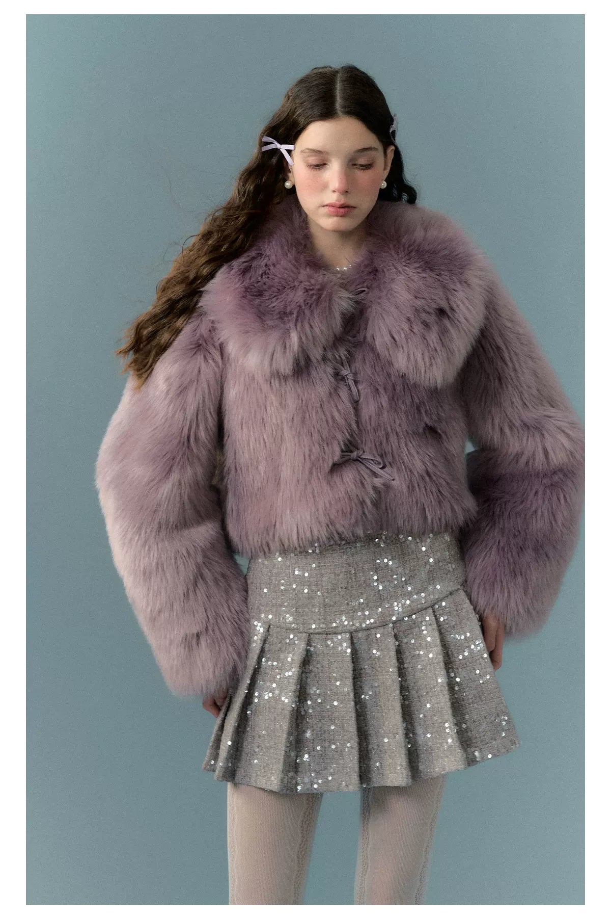 PU Leather Mix Bow Fur Jacket