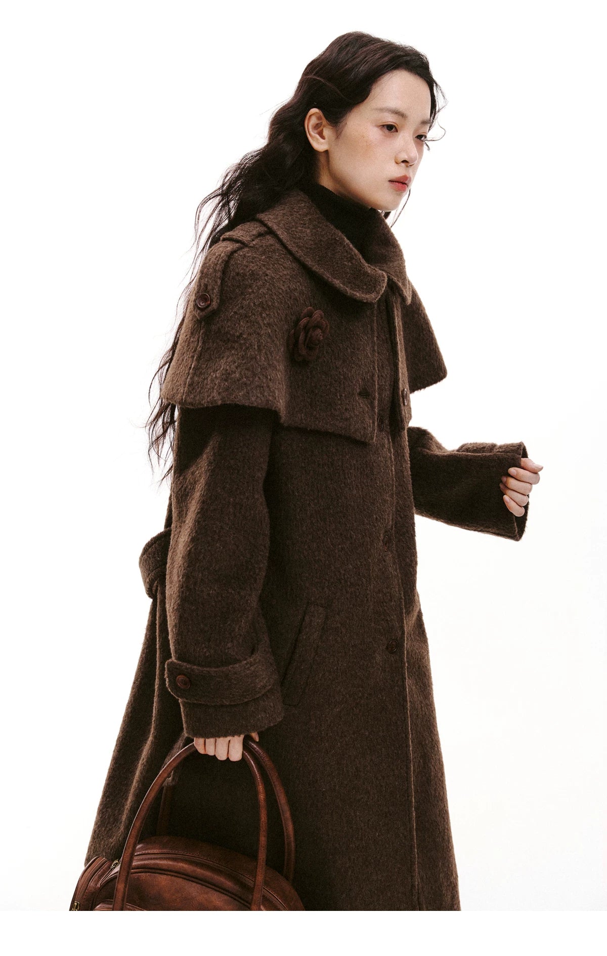 Cape Collar & Flower Detail Belted Coat