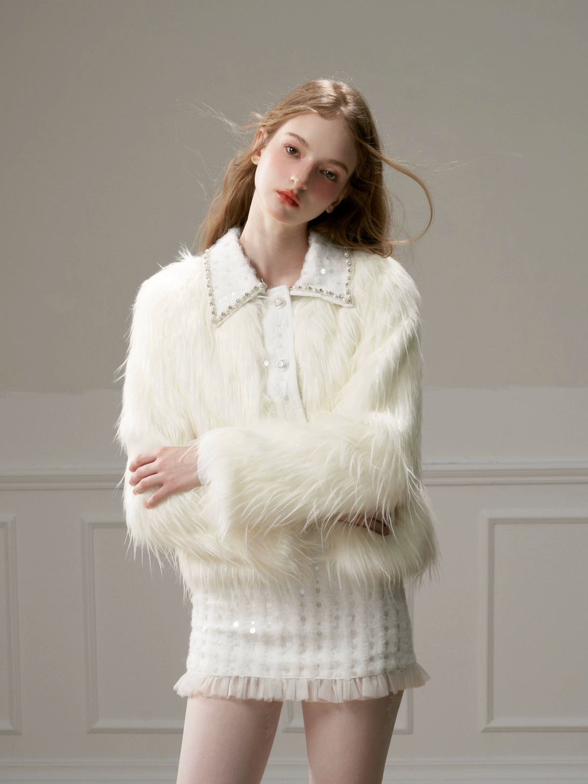 Eco Fur Warm Jacket & Short Skirt & Long Skirt Setup