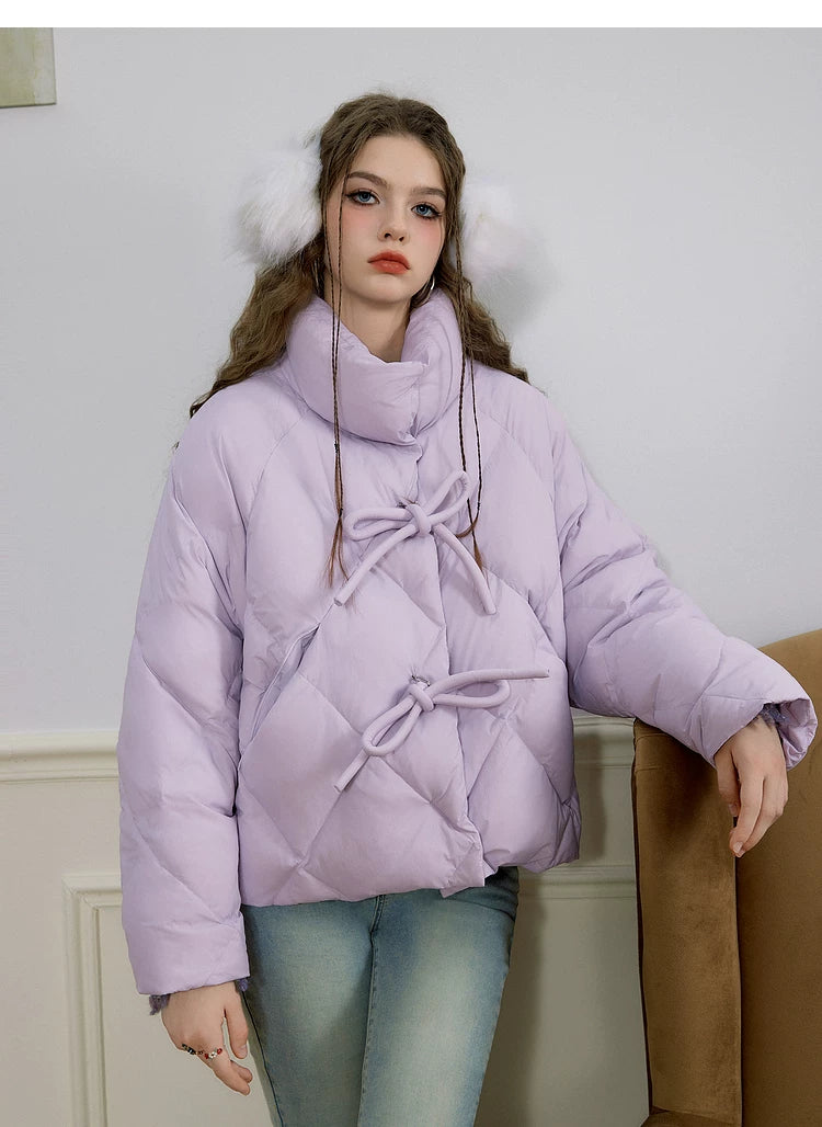 Bow Design Stand Neck White Duck Down Jacket