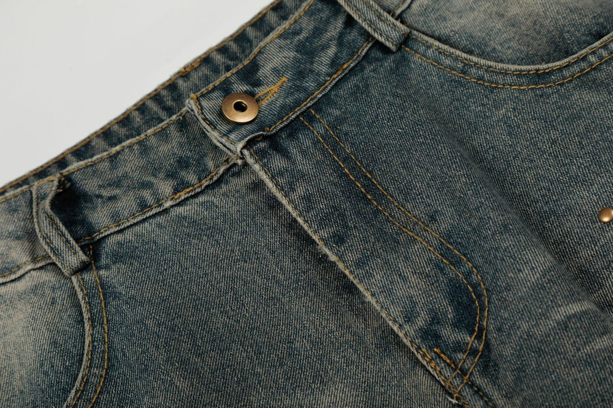 Washed Whisker Cross Studs Wide Leg Denim Jeans