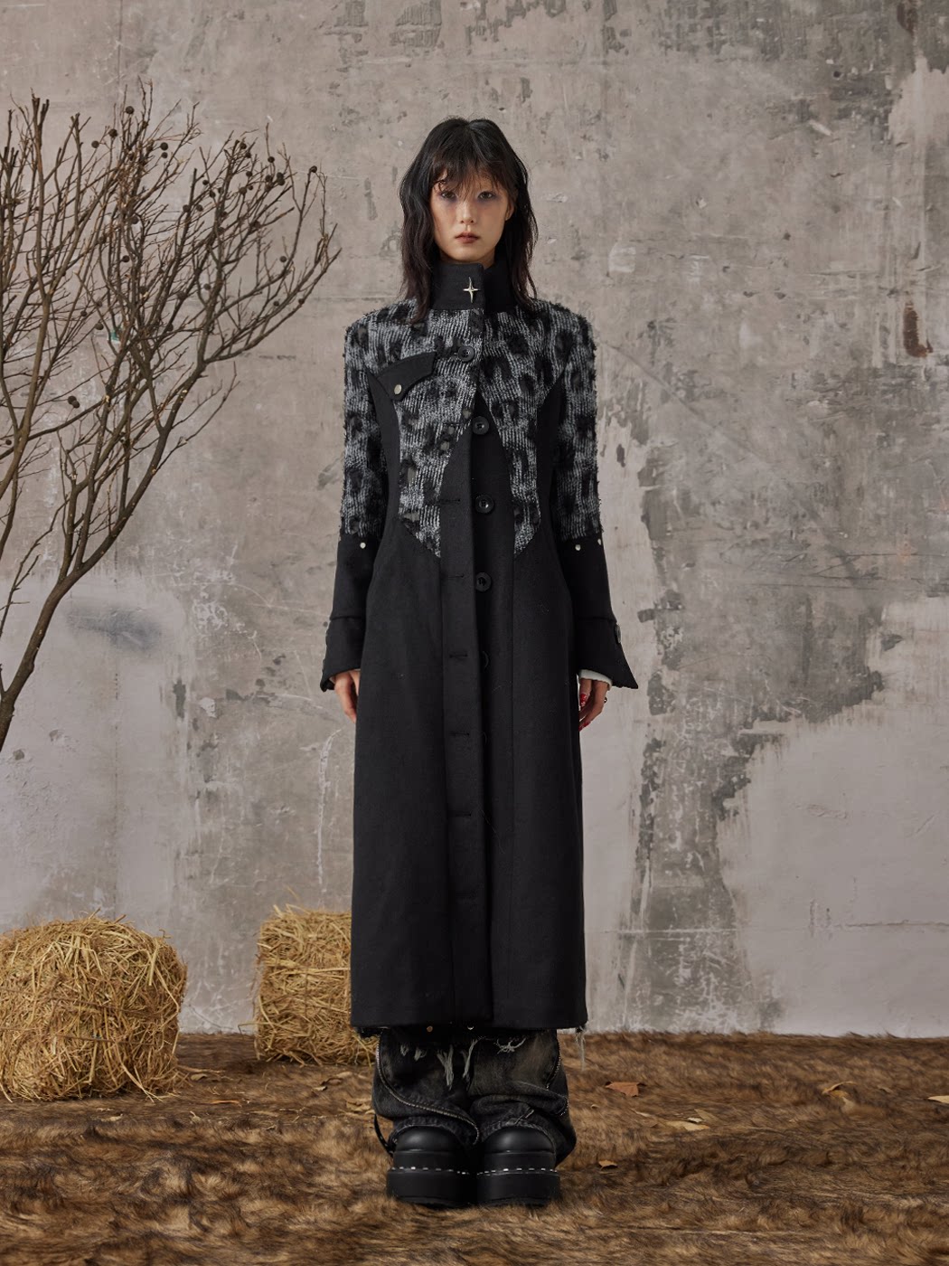 High-Neck Studs Patchwork Wool Coat