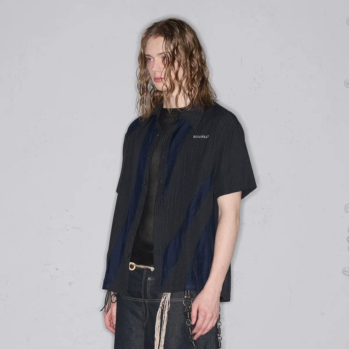 Deconstructed Mixed Fabric Stripe Patchwork Oversize Short Sleeve Shirt