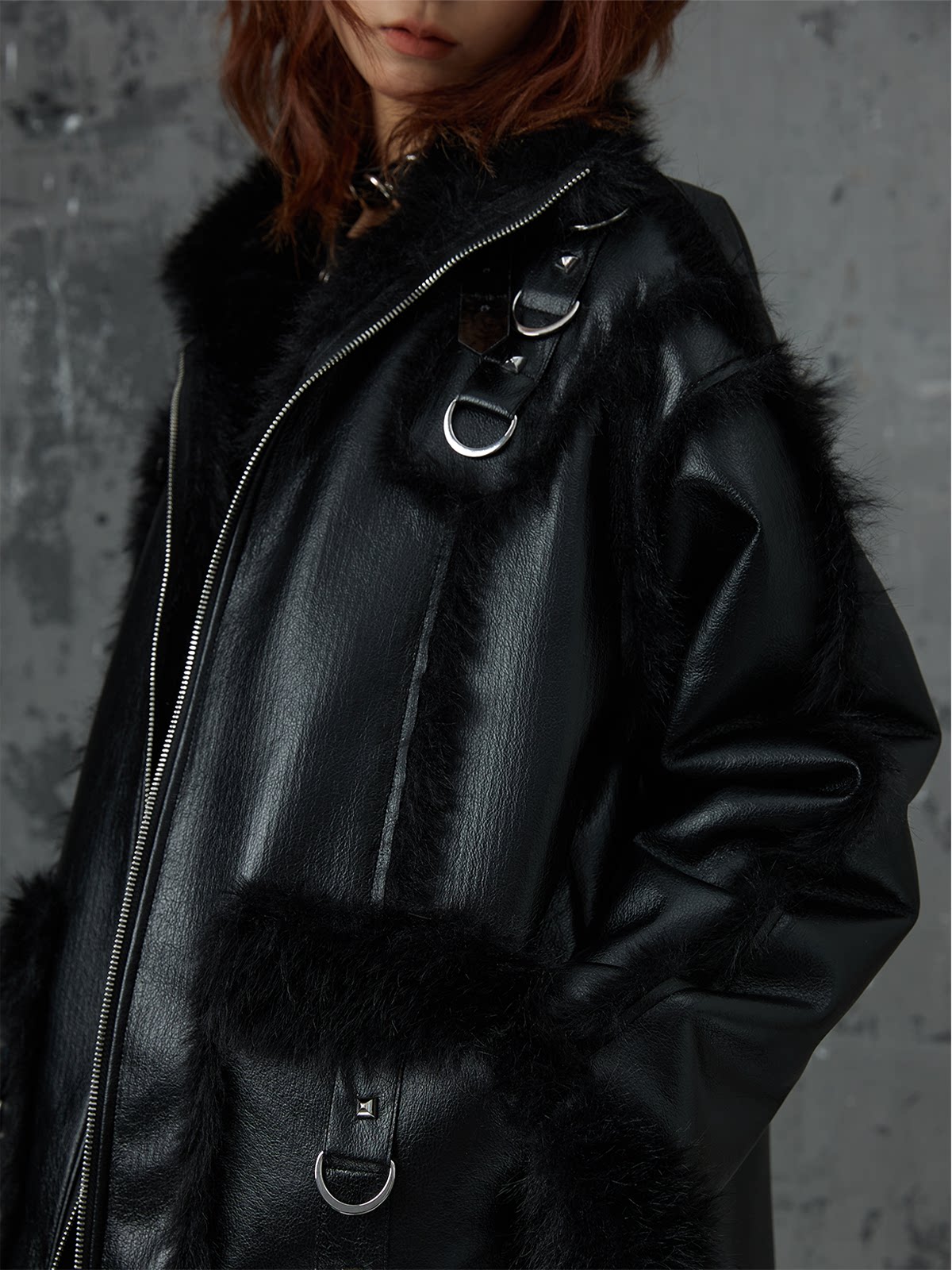 Punk Oversize Metal-Accent Shearling Jacket