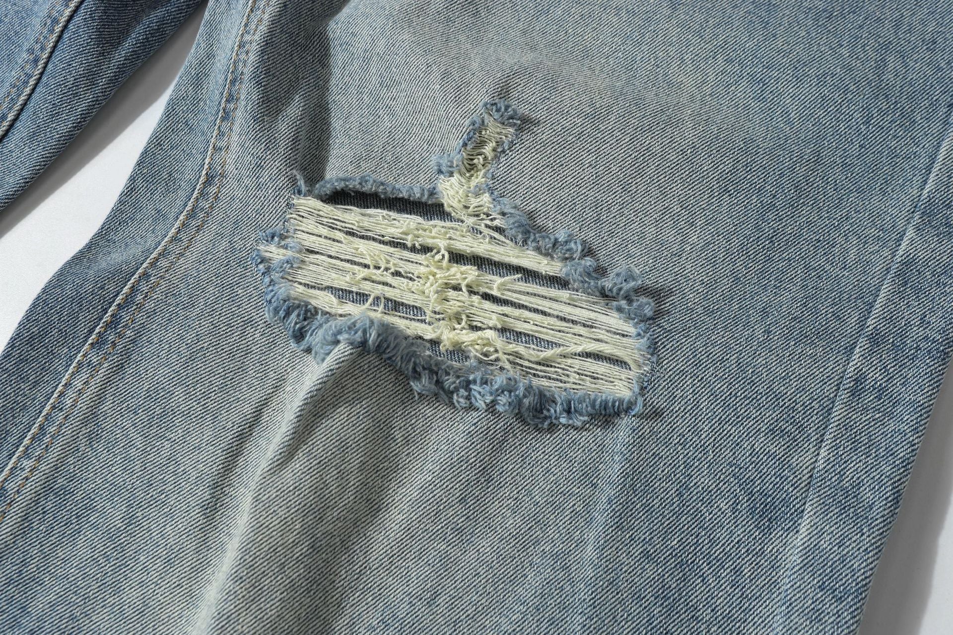 Washed Whisker Damage Wide Leg Denim Jeans