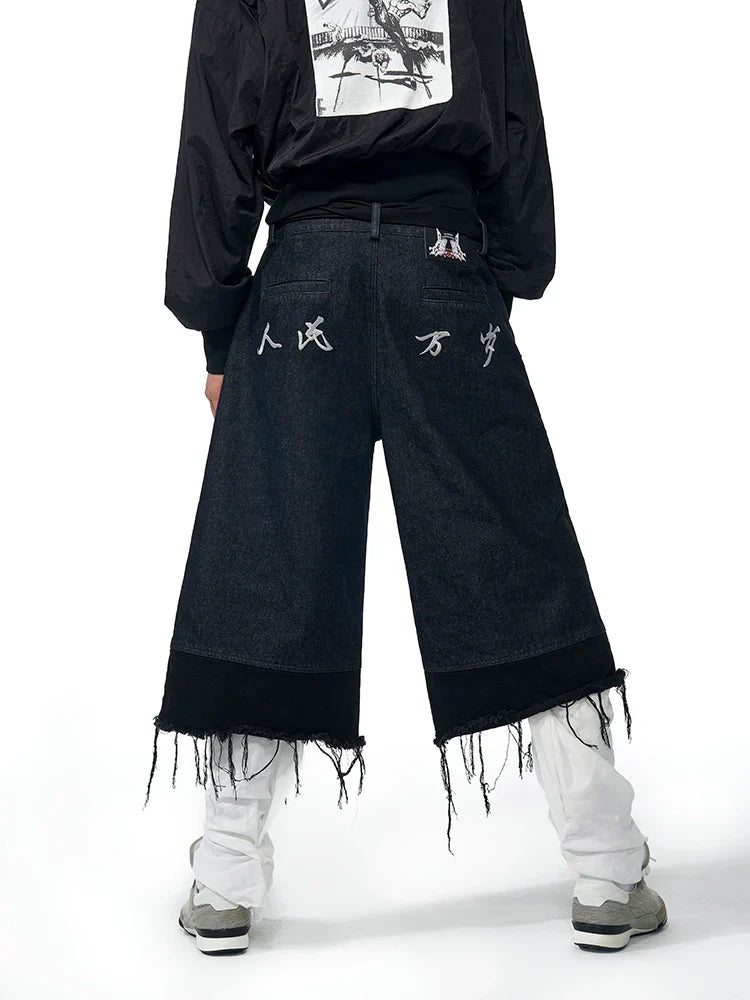 Graffiti Art Embroidery Patchwork Fringe Denim Short