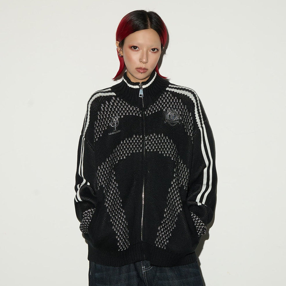 Embroidery Stripe Line Zipper Knit Cardigan