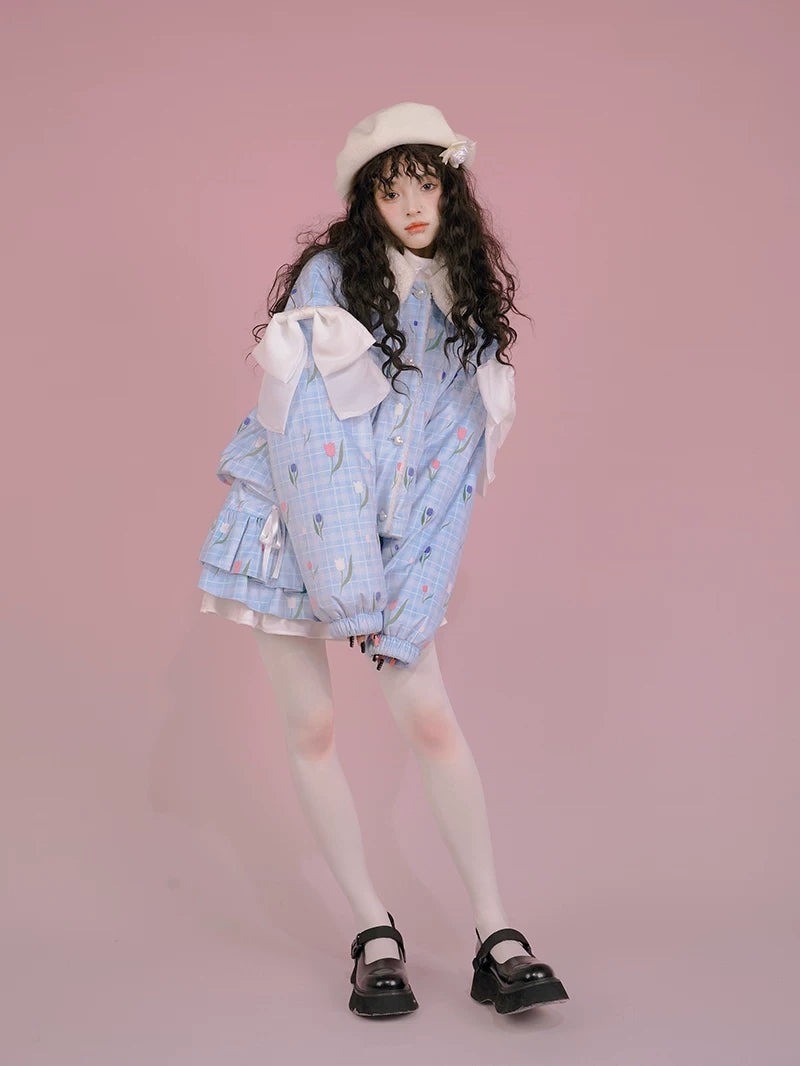 Flower Print Bow Fleece Lining Puffer Jacket