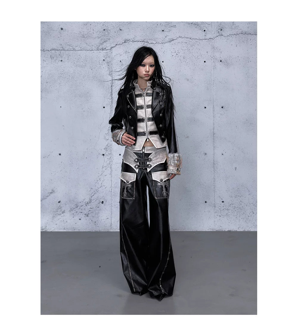 Standing-Collar Belt Detail Fake Fur Cuff PU Leather Jacket