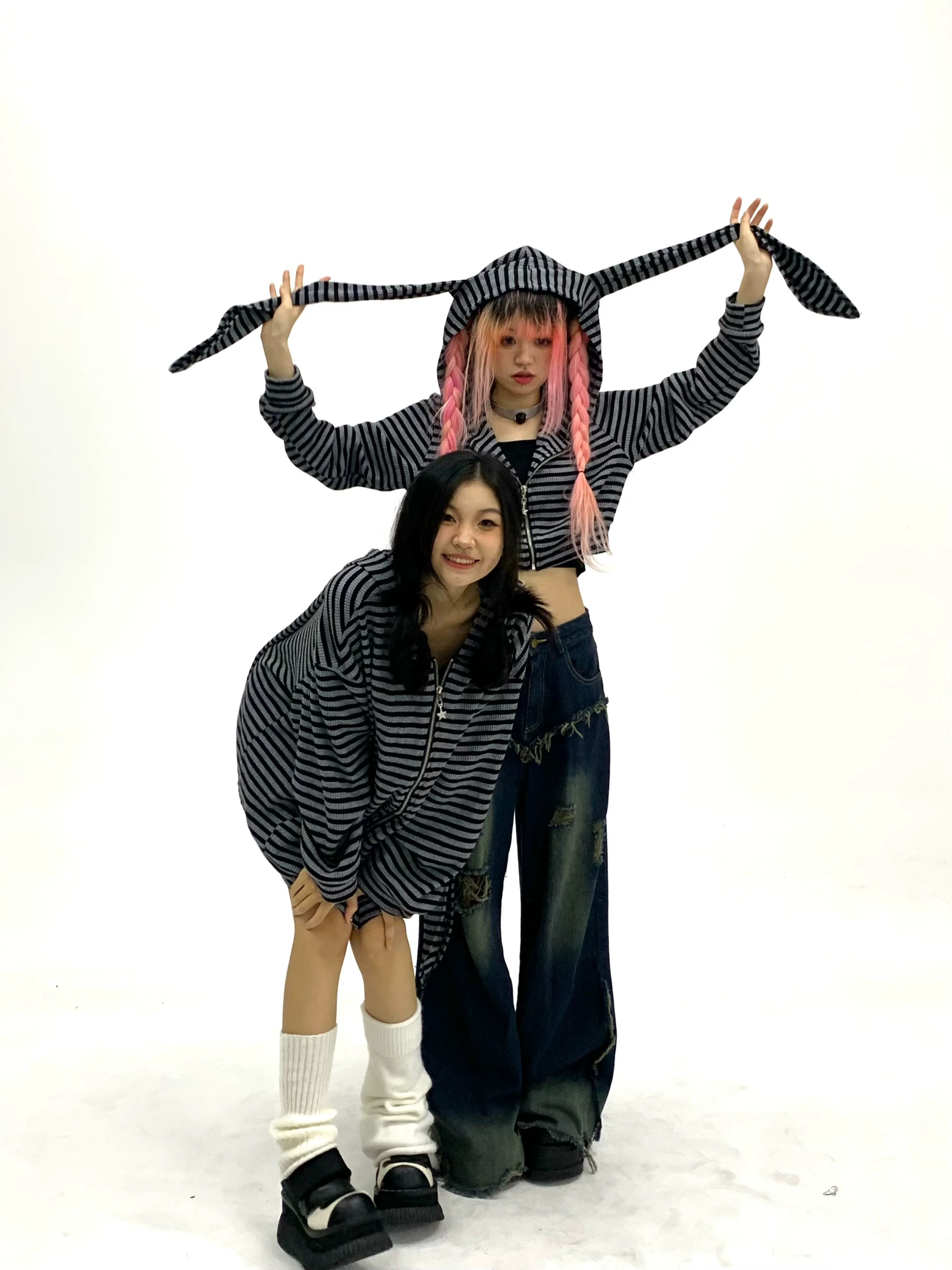 Striped Rabbit Ear Oversize Zipper Jacket & Zipper Coat