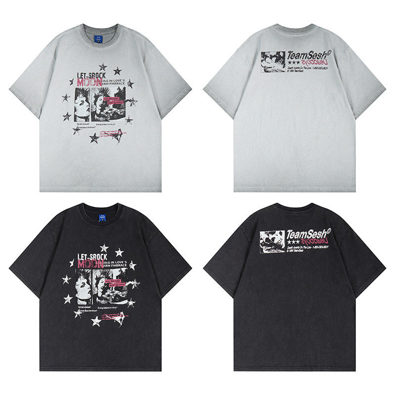 Washed Portrait Letter Print Short Sleeve T-Shirt