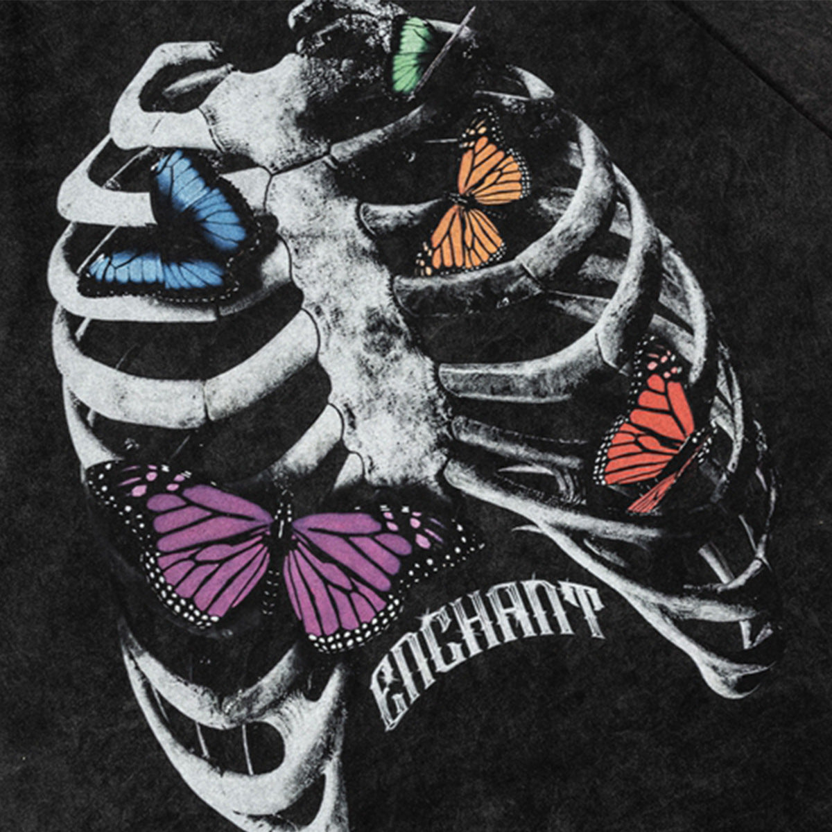 Washed Skeleton Butterfly Print Short Sleeve T-Shirt