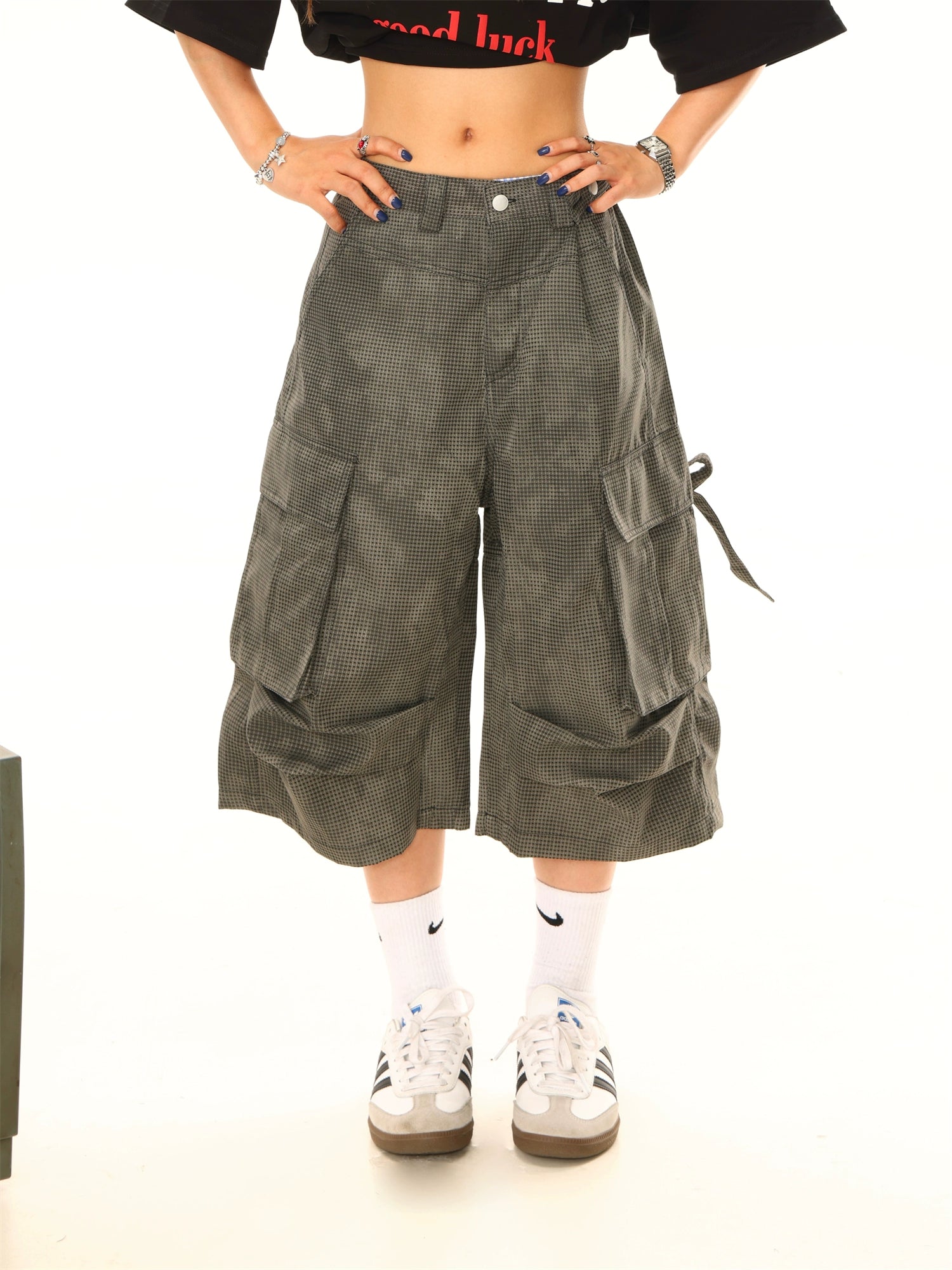Dark Grey Distressed Plaid Jort