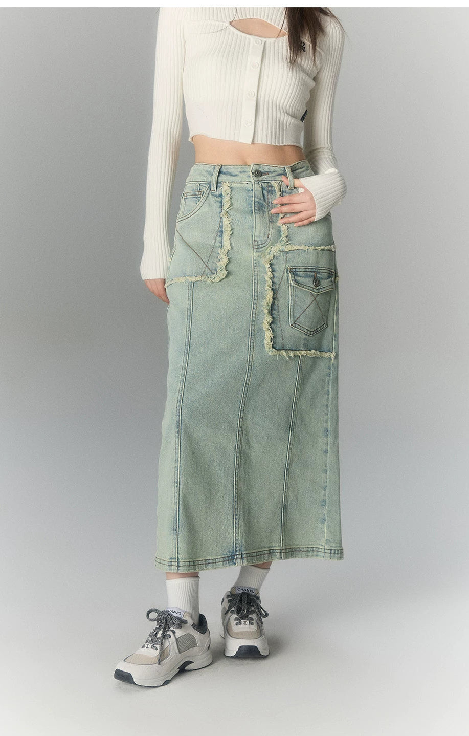 Washed Large Pocket Denim Long Skirt