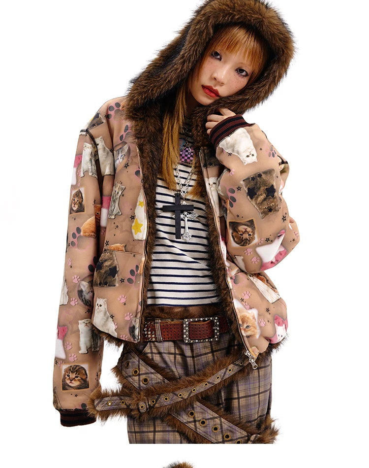 Cat Print Reversible Fur Zipper Jacket