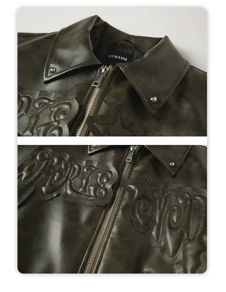 Patch Embroidery Quilted PU Leather Jacket