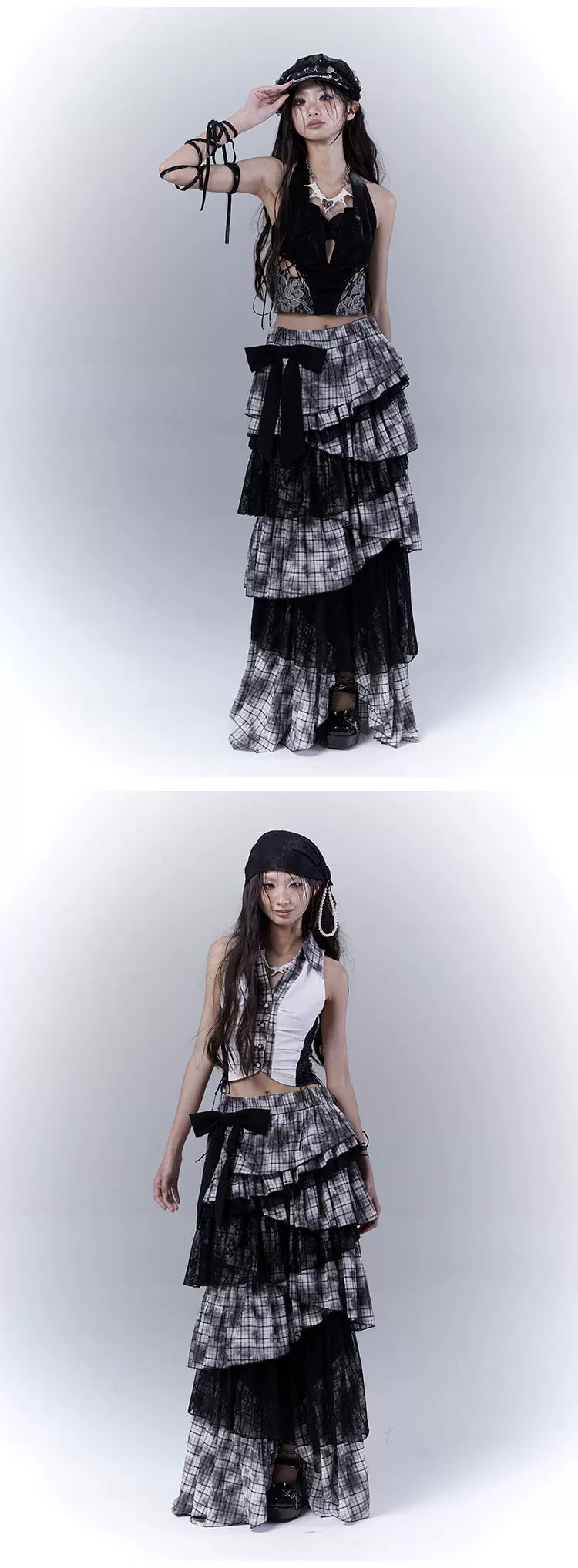 Lace Plaid Tiered Asymmetric Skirt