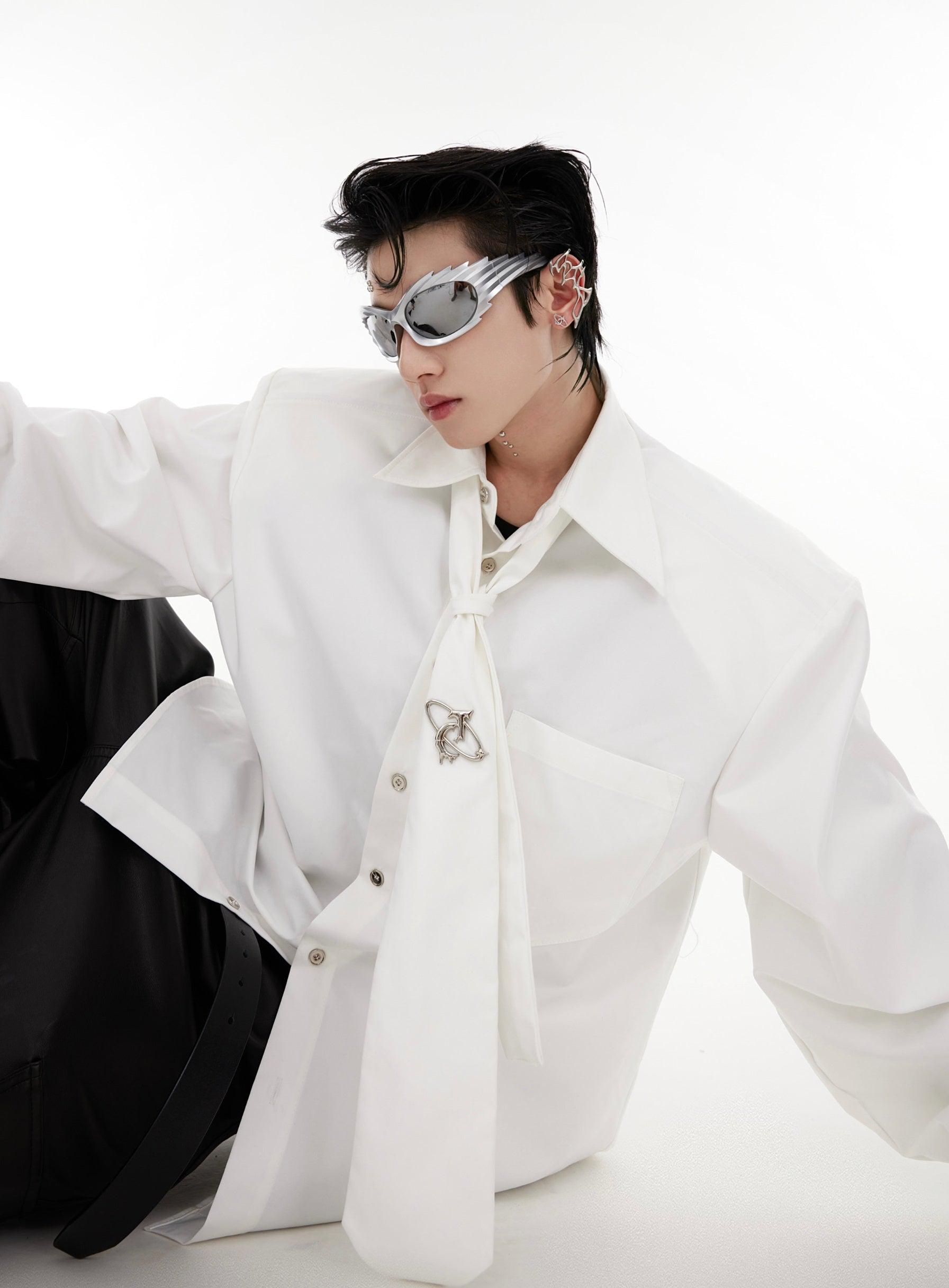 Oversize Shoulder-pad Metal Botton Shirt with Necktie