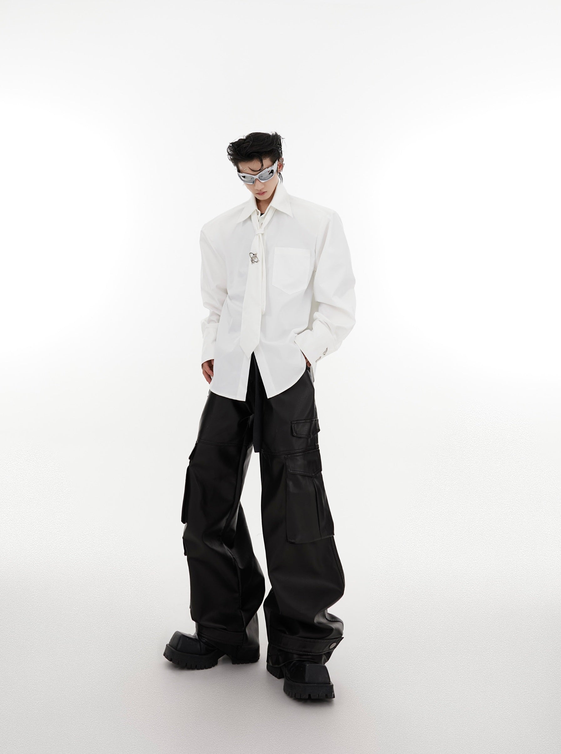 Oversize Shoulder-pad Metal Botton Shirt with Necktie