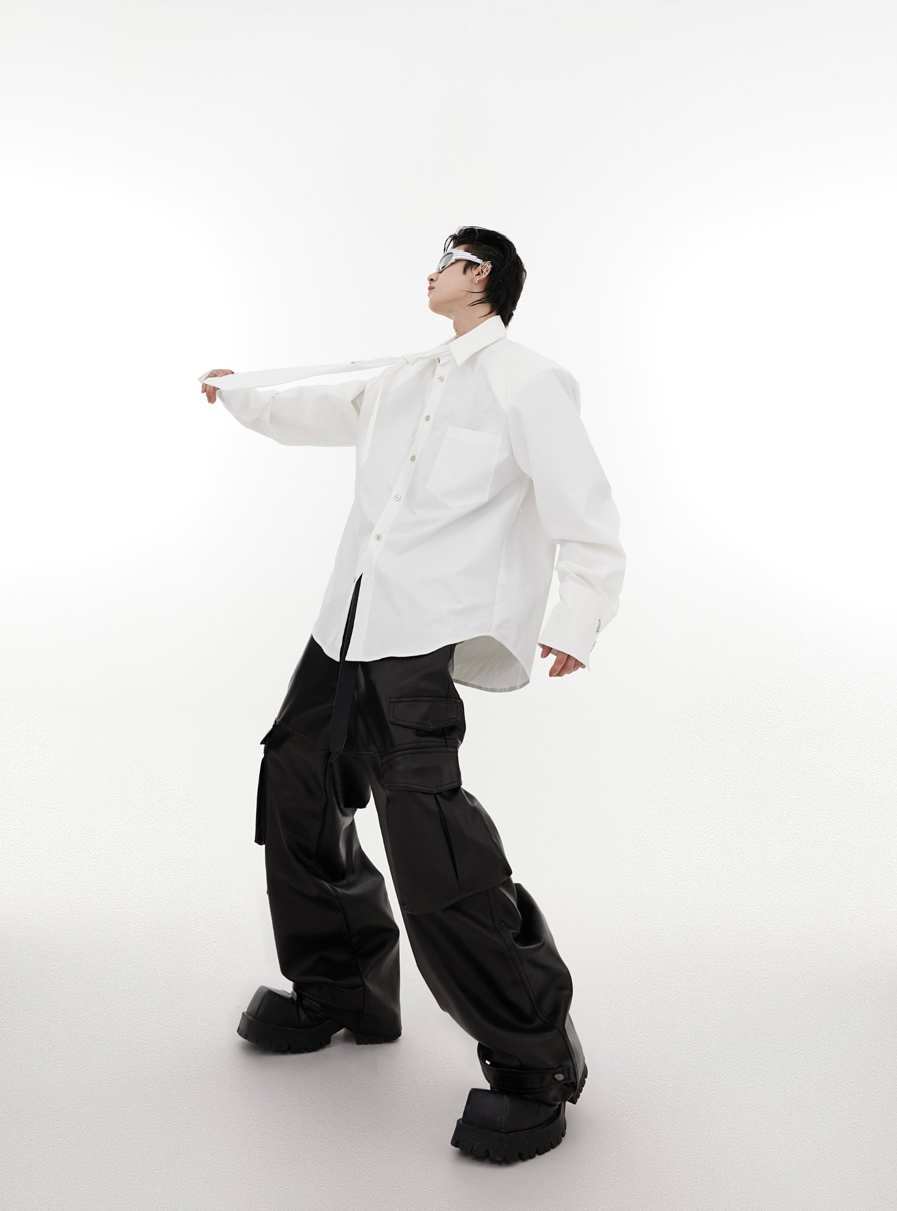 Oversize Shoulder-pad Metal Botton Shirt with Necktie